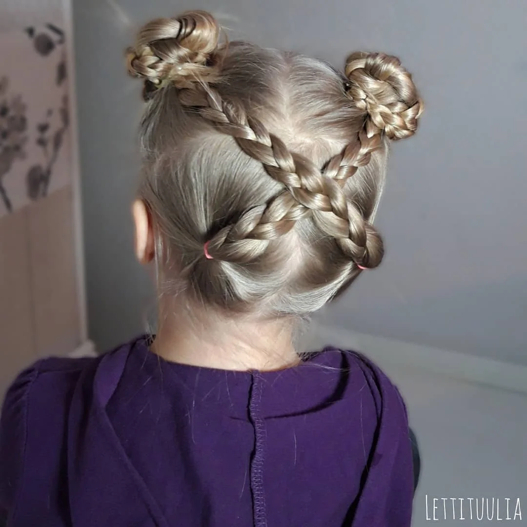 braided double bun updo with gray braids hair styled as an updo for fine thin hair
