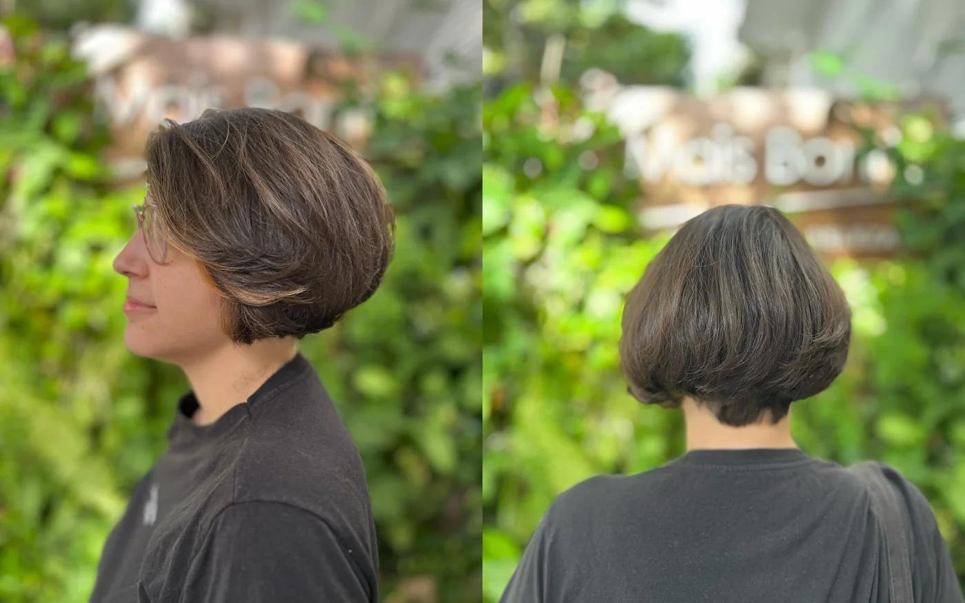 side view gray rounded bob on a woman over 60 with an easy wash-and-wear haircut shape