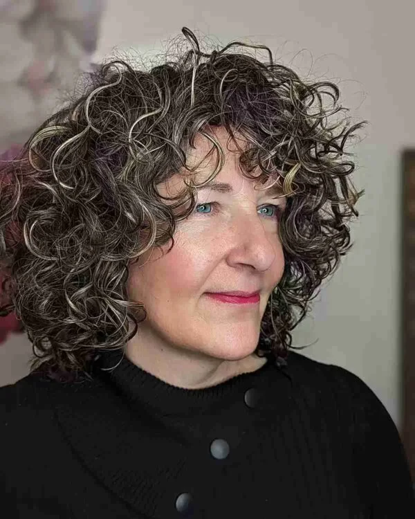 silver curly shag on a woman over 60 with an easy wash-and-wear haircut shape