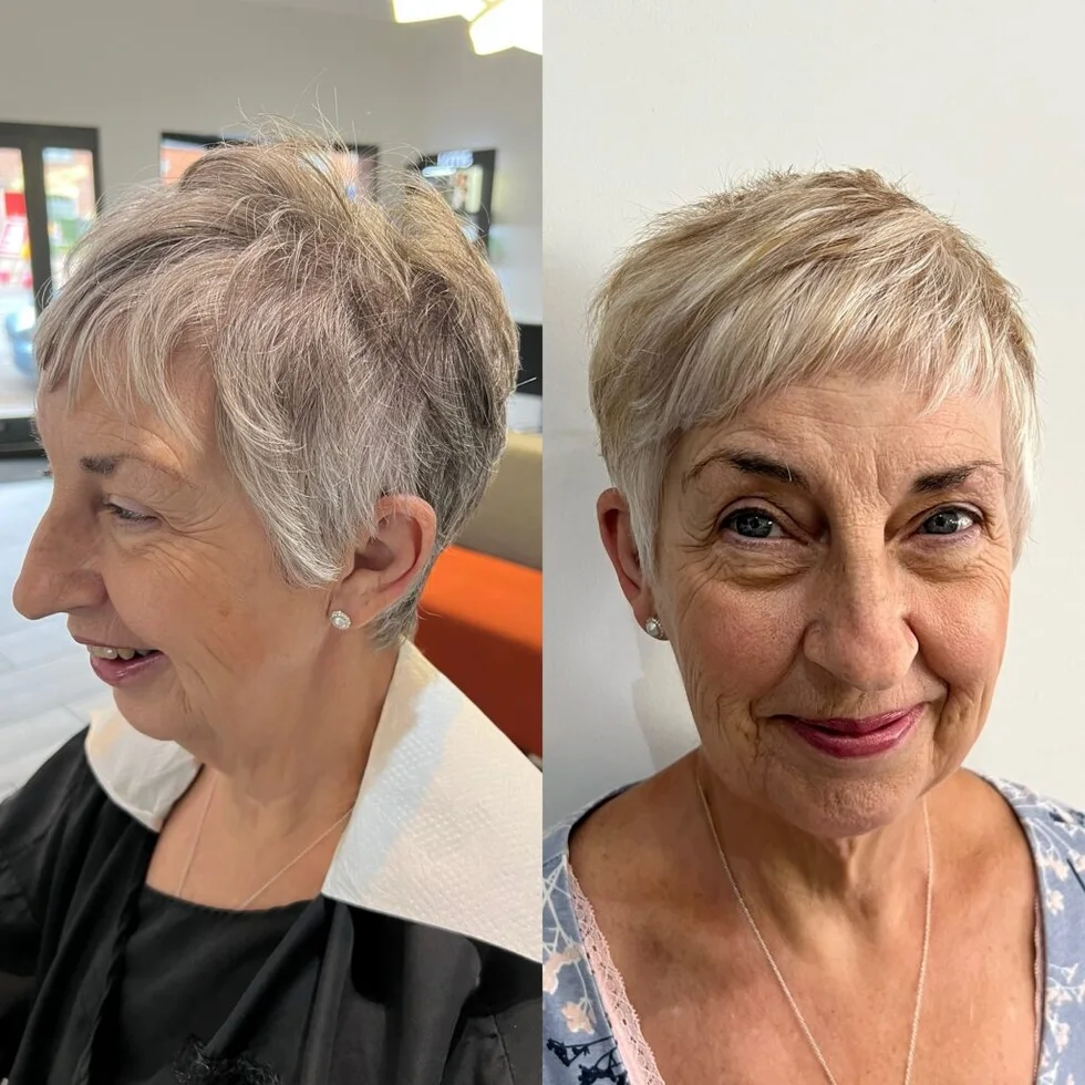 ear straight silver pixie with side swept fringe shown as a wash and wear hairstyles women over 70 thin fine hair idea