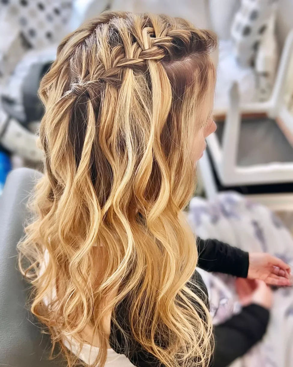 Back view of blonde waterfall braid detail with loose curls