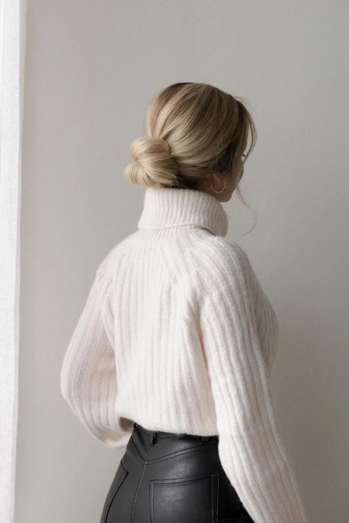 shoulder wavy blonde updo shown as a wedding guest hairstyle idea, featuring glossy finish, shown in minimal blonde low twist