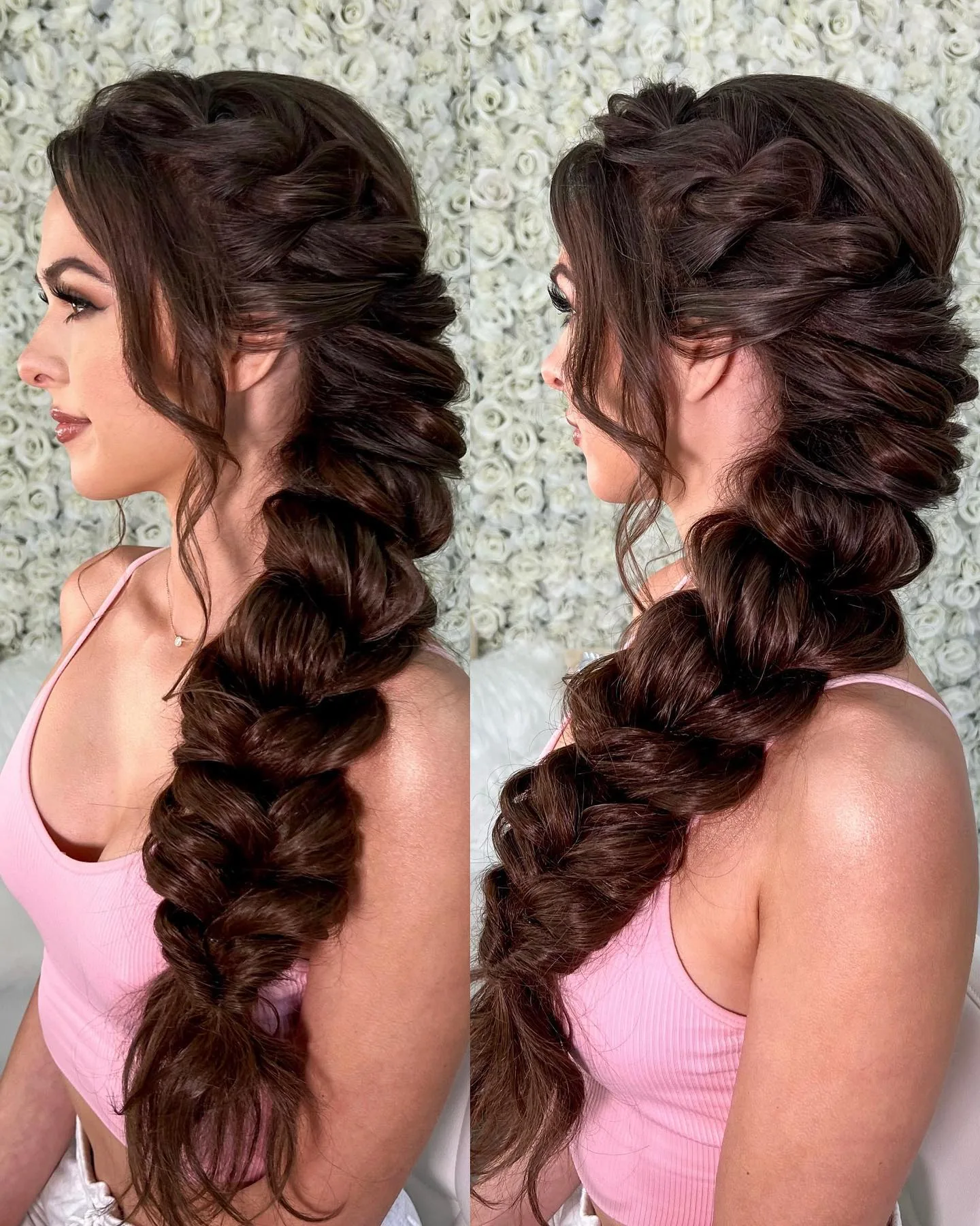 chest wavy brunette braid shown as a wedding hairstyles ideas for long hair idea