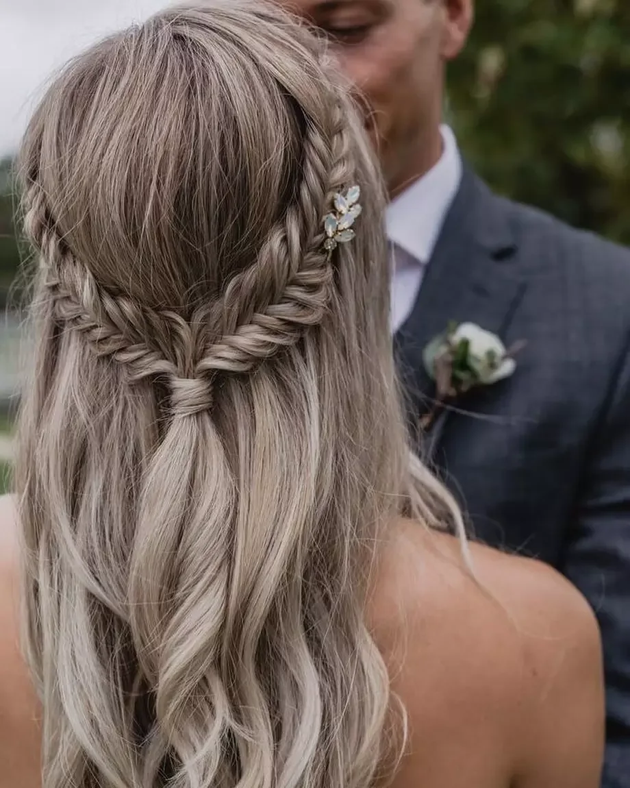 Silver blonde long wedding hair with a crown braid and loose waves