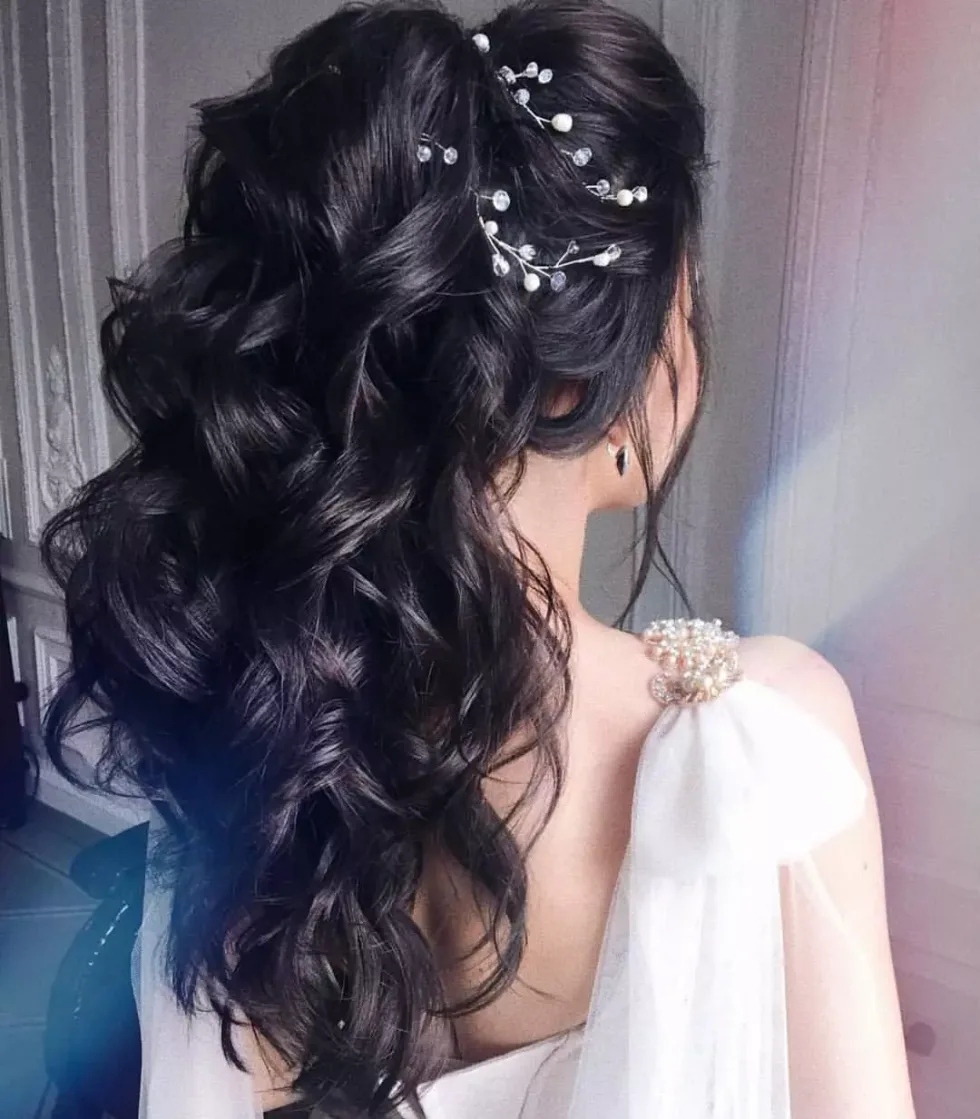 shoulder wavy blonde shag with curtain fringe shown as a wedding hairstyles ideas for long hair idea