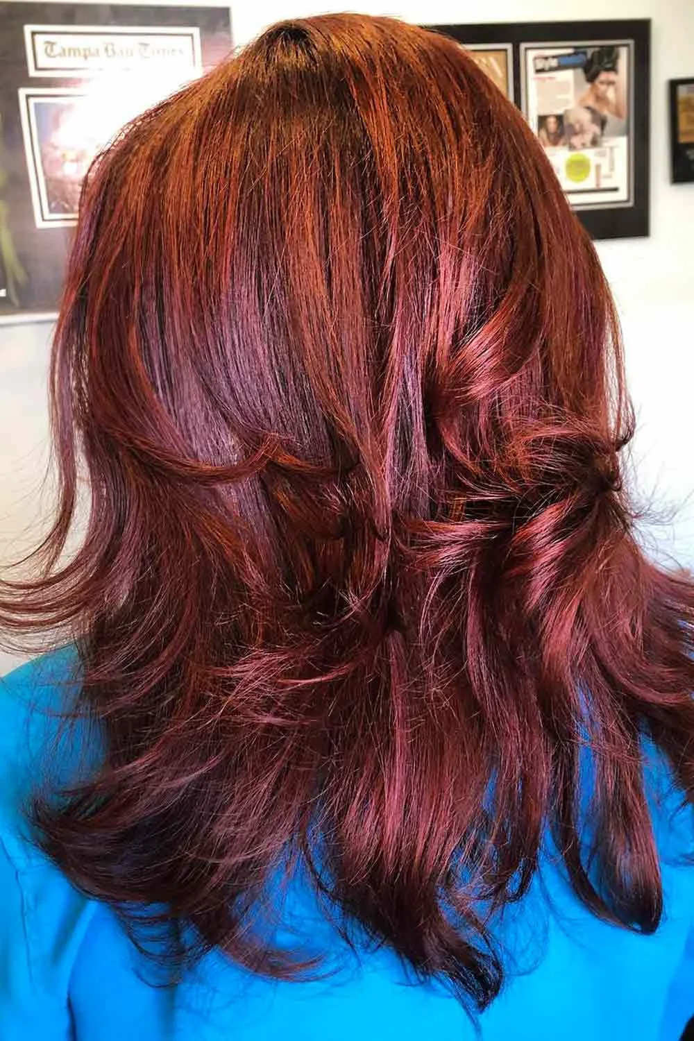 Back view of shoulder-length dark red hair with layered waves and brighter ruby sections