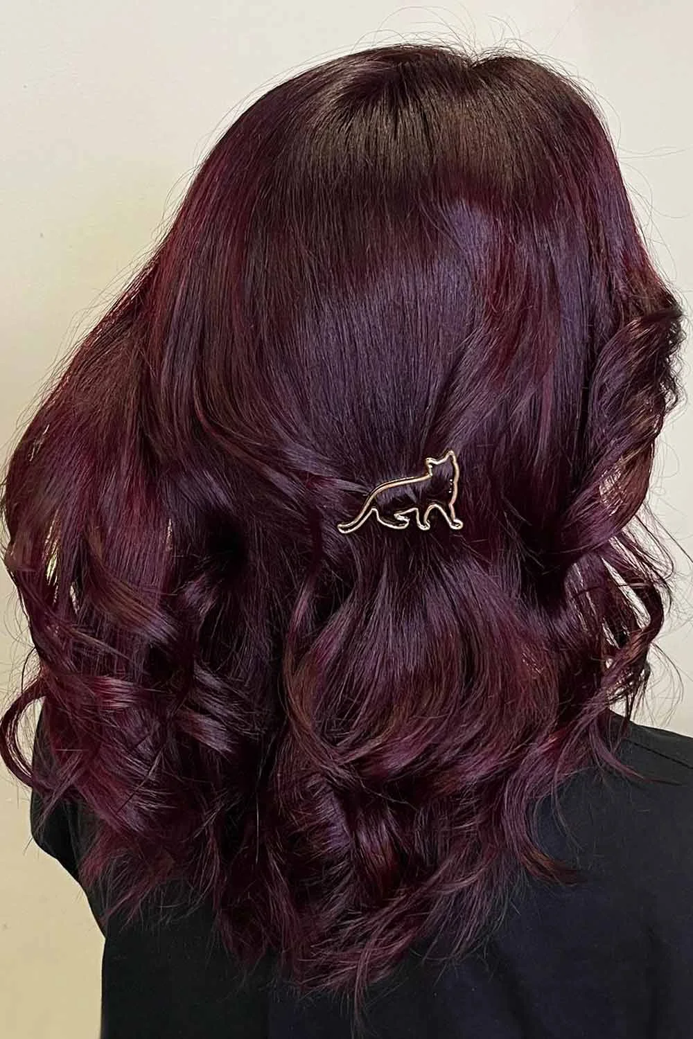 Back view of long chestnut waves with a deep purple-red sheen across the surface